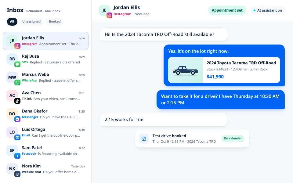 Spin Mgmt Get Cruise Control inbox: leads from WhatsApp, SMS and Instagram arrive in one inbox alongside TikTok, Messenger, email, Facebook and website chat; the assistant replies to each and books a test drive for a 2024 Tacoma